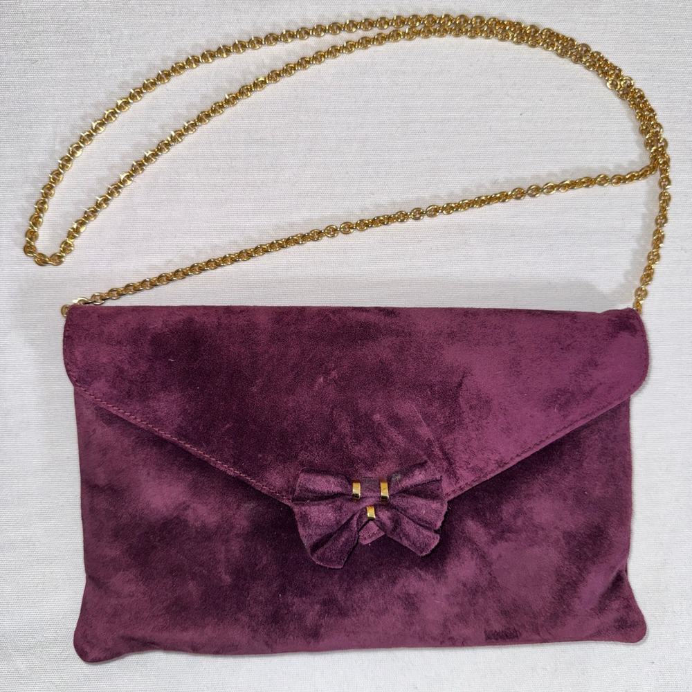 Rodo Italy Purple Suede Bow Clutch Bag Gold Chain Crossbody Evening Purse Plum